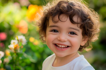 Smiling toddler with curly hair in a garden, with vibrant flowers and greenery in the background