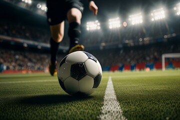 Fototapeta premium Close-up of a player's legs poised to kick the football, highlighting the anticipation and action of the game. - Action and thrill in sports