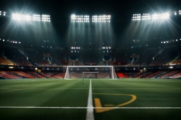 Fototapeta premium A football stadium with a goal post in the background, capturing the anticipation and excitement of a game in progress. - Action and thrill in sports