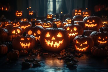illustration of illuminated carved pumpkins with different evil faces in darkness at Halloween night