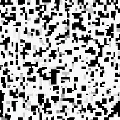 Monochrome pixelated abstract pattern with black and white square shapes in a random arrangement