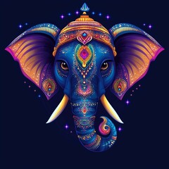 Obraz premium Ornate Indian elephant on dark blue background. Elephant festival in India concept.Ganesh Chaturthi cartoon greeting card, print, poster.