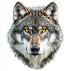 Obraz premium Detailed wolf head illustration with intense yellow eyes on a white background