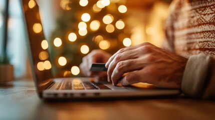 This capturing a person making online shopping with credit card on laptop - surrounded by the soft, warm glow of holiday decor, signifying festive, digital spending.