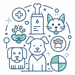 Pets web icons in line style. Dog, cat, rabbit, hamster, bird, bone, pets, vet help. Vector illustration.