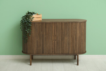 Wooden chest of drawers with houseplant near green wall in room