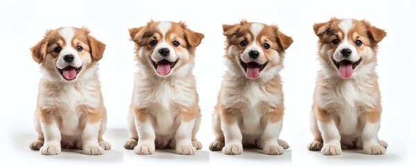 Playful puppies in a cheerful pose on a neutral background during a studio photoshoot showcasing their adorable expressions