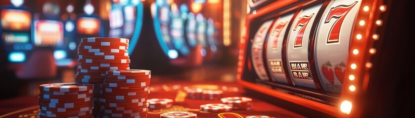Fototapeta premium Vibrant casino scene with colorful slot machine and stacked poker chips, capturing the excitement of gambling and entertainment.