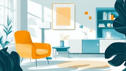 A bright, modern living room featuring an orange chair and stylish decor.