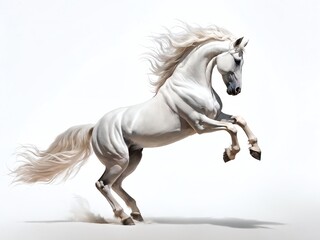 A majestic white horse rears gracefully against a solid backdrop, showcasing its strength and elegance 