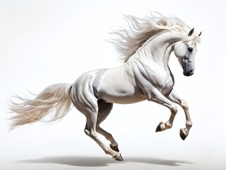 Majestic white horse frolicking in a studio setting with flowing mane and vibrant energy captured in bright light