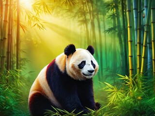 Obraz premium A giant panda resting amidst lush bamboo in a vibrant forest during golden hour