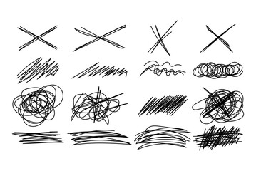 Ensemble de lignes raturés. Gribouillis désordonnés au crayon, coup de pinceau à la main, signature ratée