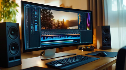 Naklejka premium Video editing software opened on a wide pc computer monitor screen display placed along the keyboard and speakers on a wooden table