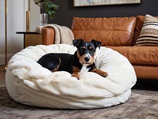 Obraz premium A cozy dog relaxing on a fluffy bed in a modern living room with a stylish couch and decorative pillows