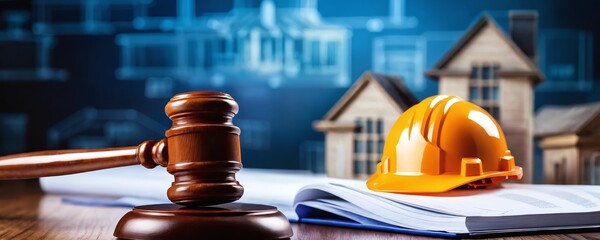 Construction law concept with gavel, blueprint, and safety helmet on desk during business hours