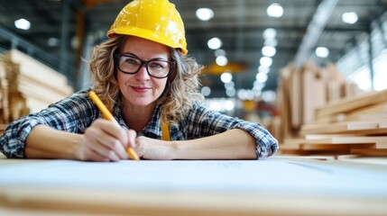 A female carpenter, wearing a yellow hardhat and glasses, smiles while working on a blueprint in a bright and organized woodworking workshop.