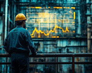 Worker in a factory looking at a declining productivity chart, symbolizing the impact of recession on industry