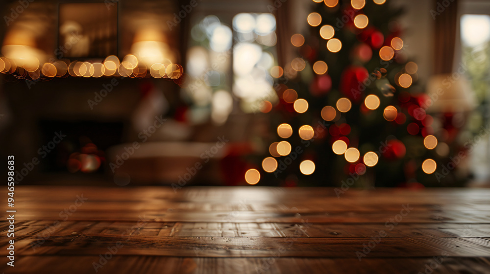 Poster blurred christmas tree lights bokeh effect background with empty wooden table top for display montag