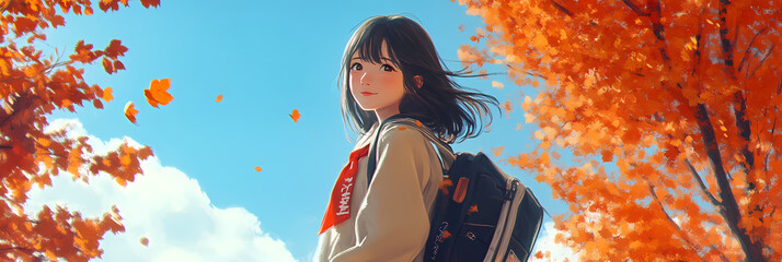 School Girl in Autumn Vibes Manga Art with Warm Colors