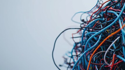 Tangle of colorful tangled wires of cables on a white background.