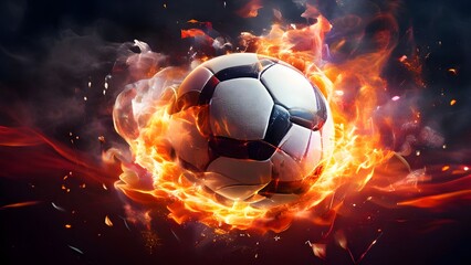Fototapeta premium A close-up of a football engulfed in flames, symbolizing the raw energy, speed, and intensity of the sport. - Action and thrill in sports