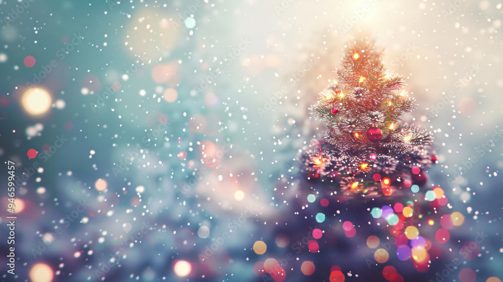 Aufkleber snow-covered small christmas tree with sparkling colorful lights and falling snow in the foreground
