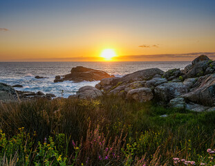 Puesta de sol en el mar con acantilados y vegetación