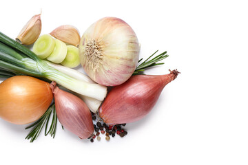 Different kinds of onion with garlic and peppercorns isolated on white background