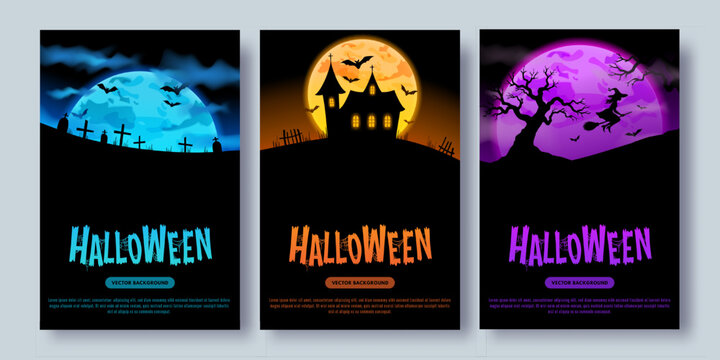 Halloween posters, web banners with silhouettes of graves, a cemetery, a castle, trees, bats and witches. Creative flat blue, orange, purple cards. Creepy, scary, spooky night concept. Vector template