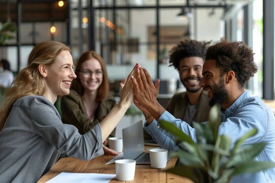 group of diverse programmers celebrating cloud computing achievement with a high-five gesture after successful firewall server development.