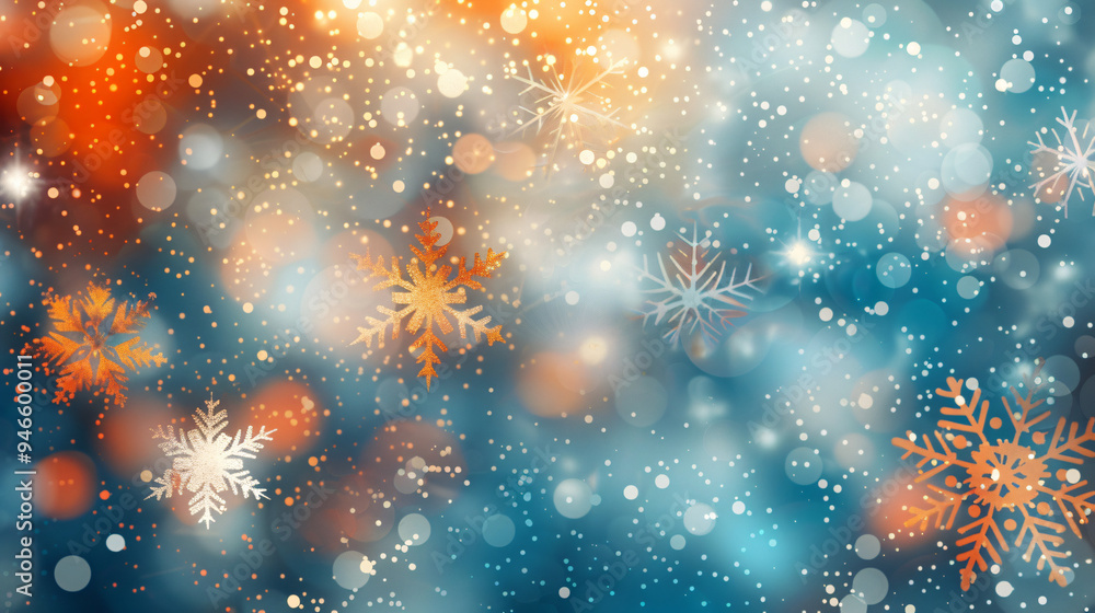 Poster snowflakes are gently falling on a blue and orange christmas background with bokeh