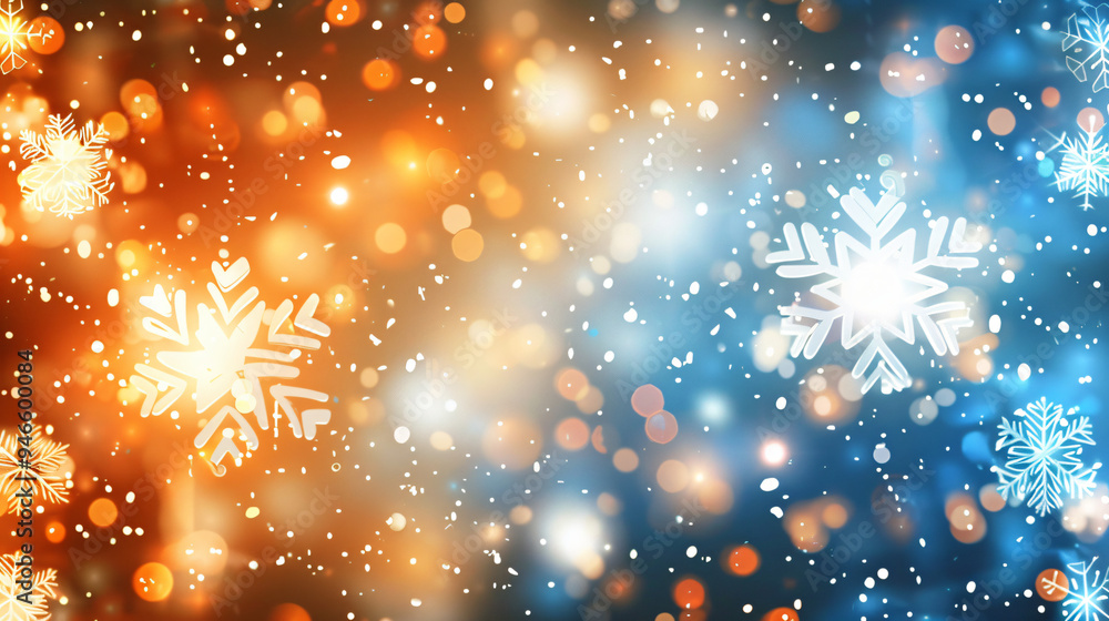 Aufkleber festive christmas backdrop with falling snowflakes on a blurred blue and orange bokeh background