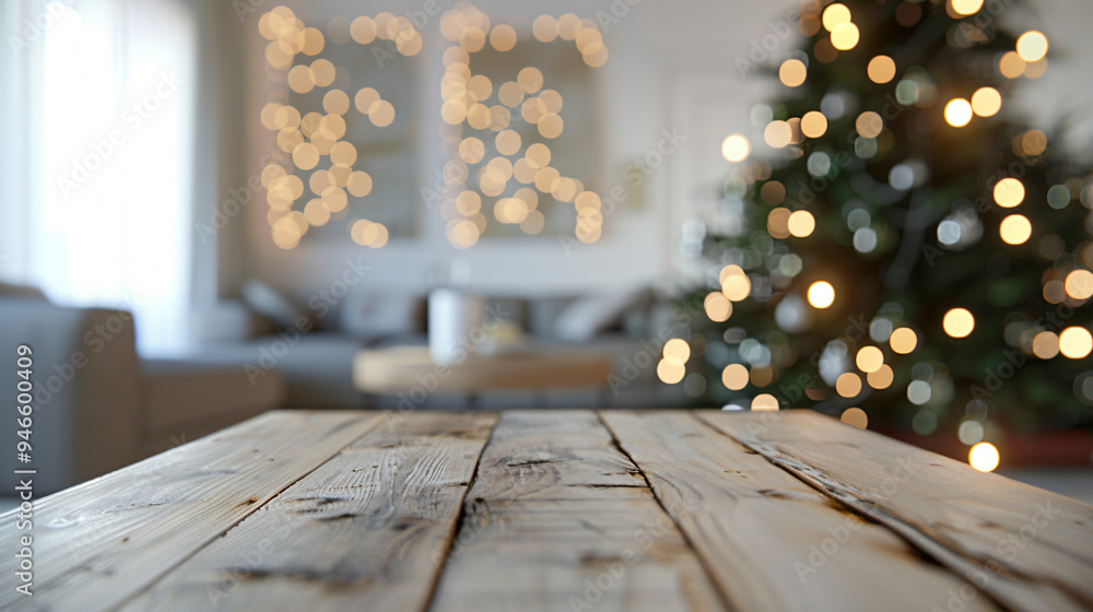 Poster christmas tree and bokeh lights on empty wooden tabletop in living room background for product displ