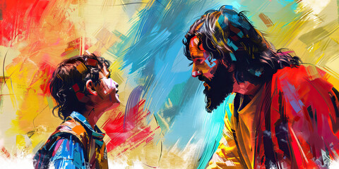 A colorful, childlike drawing of Jesus forgiving Peter, with bright reds, blues, and yellows emphasizing the childlike innocence and forgiveness.