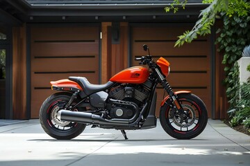 The contrast of a sleek motorcycle against modern garage doors, parked in the driveway of a stylish home.