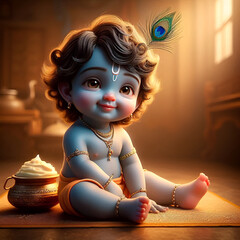 Enchanting Baby Krishna with Butter Pot - Adorable, Peacock Feather, and Traditional Indian Setting
