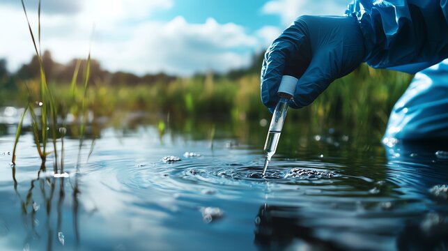 Detailed shot of water sampling for quality testing, a man in protective gear collecting water in a test tube from a lake, emphasizing precision and care, with room for text