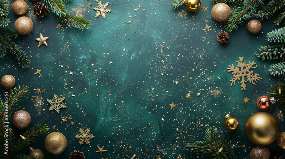 Aufkleber Christmas background with golden ornaments and fir tree branches forming a frame on a green background with copy space