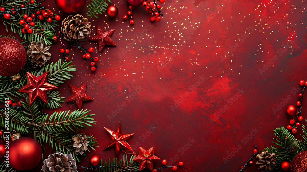 Aufkleber festive christmas border with pine cones, red ornaments and pine tree branches on a sparkling red ba