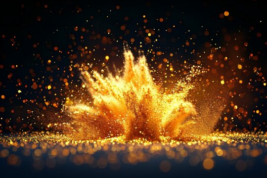 - A close-up shot of a 4k Gold Particles Explosion, showcasing the mesmerizing motion background and golden glitter particles in a shockwave burst. The image is isolated