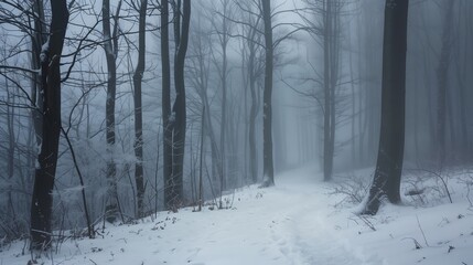 Fototapeta premium Misty winter forest with snow-covered path and trees