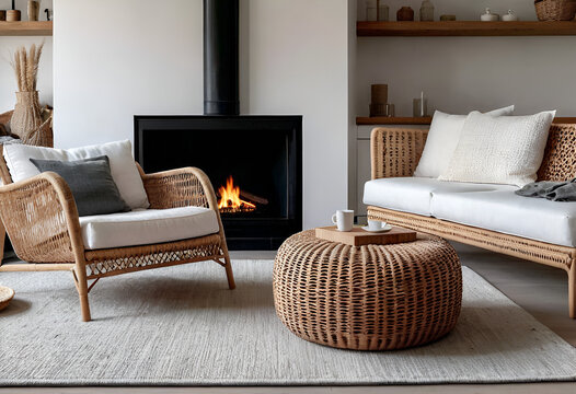 Stylish ome interior design of modern living room. Rattan lounge chair, wicker, pouf and white sofa by fireplace. 