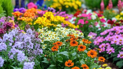 Colorful flower garden in full bloom, with a variety of vibrant flowers arranged in neat rows, creating a picturesque and lively scene.