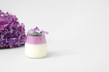 Glass of panna cotta with blueberry and beautiful hydrangea flowers on lilac background