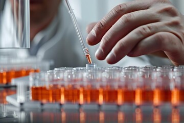Close-up shot of a scientist's hands using a micro pipette in a laboratory fume hood to prepare samples for a bioassay of in vitro cells on a microplate 96 well.