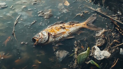 Fototapeta premium Close-up of a dead fish floating in polluted, murky water, surrounded by debris and signs of environmental degradation.