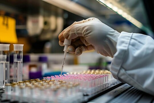 Close-up shot of a scientist's hands using a micro pipette in a laboratory fume hood to prepare samples for a bioassay of in vitro cells on a microplate 96 well.