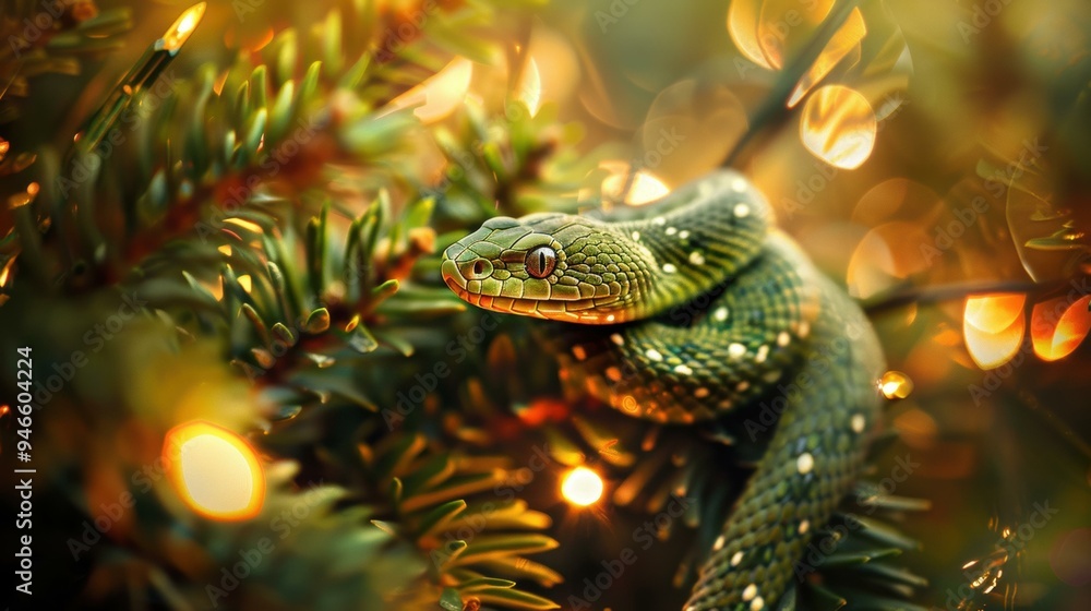 Poster a green snake with a patterned body is coiled around a branch of a tree with warm bokeh lights in th