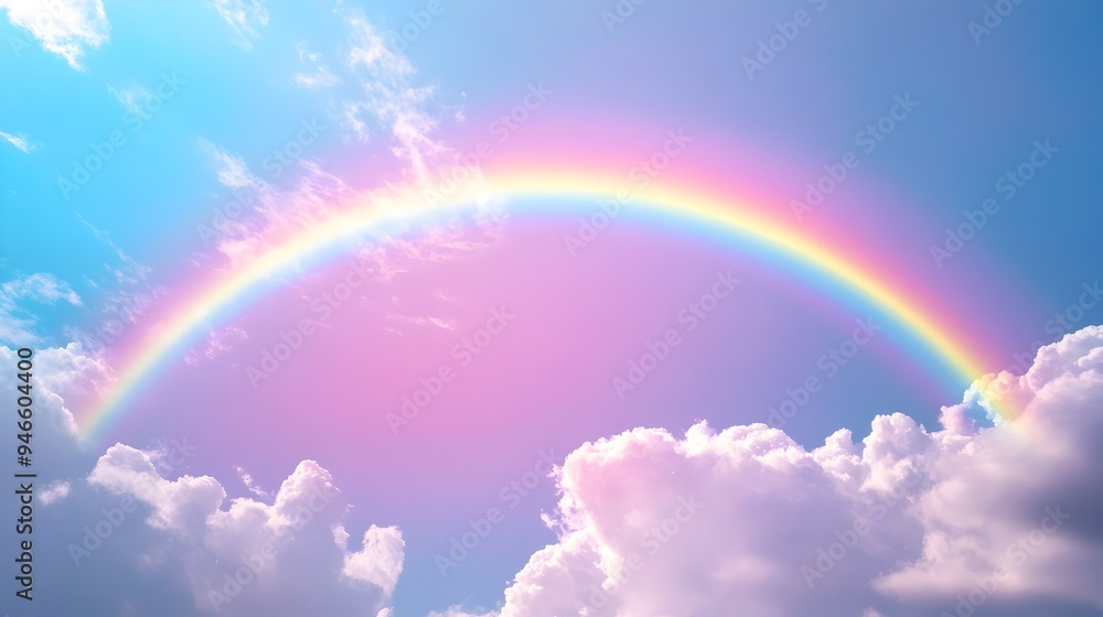 Poster a conceptual image depicting an ethereal rainbow forming a bridge across two clouds with the colors 